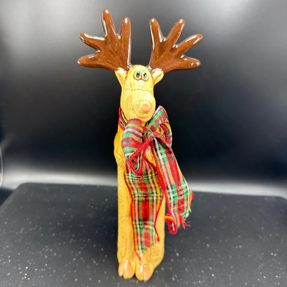 Ceramic Reindeer Bud Vase Christmas Holiday Decor Plaid‎ Bow 11.5 Inch Tan Brown